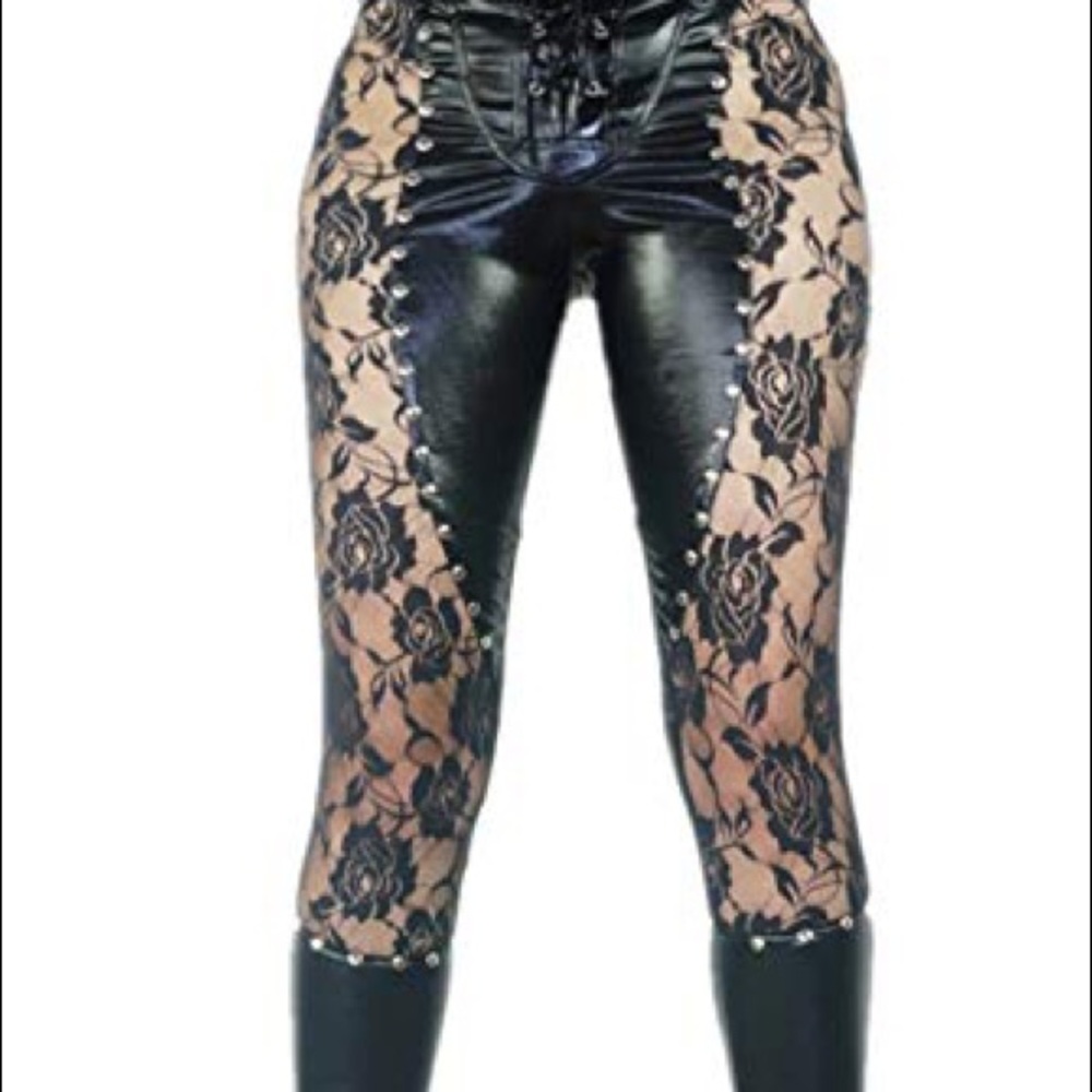Black “leather” and lace leggings. Size L